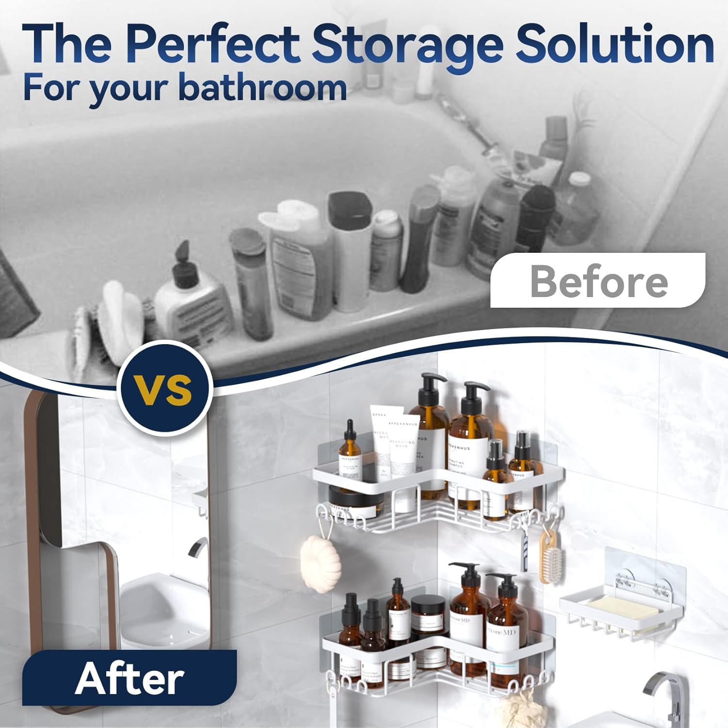 YASONIC Corner Shower Caddy - Rustproof Stainless Steel Organizer with Soap Holder & 12 Hooks | White, 3-Pack