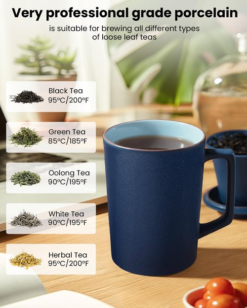 Foinly 15 oz Ceramic Tea Infuser Cup with Lid - Tea Mug with All Porcelain Strainer for Loose Leaf Teas,Microwave and Dishwasher Safe,Metal-Free,BPA-Free for Tea Lovers/Mother's Day (Blue)