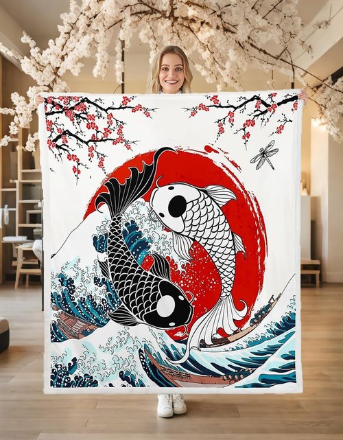 Homewish Japanese Ukiyoe Fish Throw Koi Toddler Fleece Blanket Kids Boys Adult Girls Japanese-Style Koi Animal Oriental Bedroom Decor