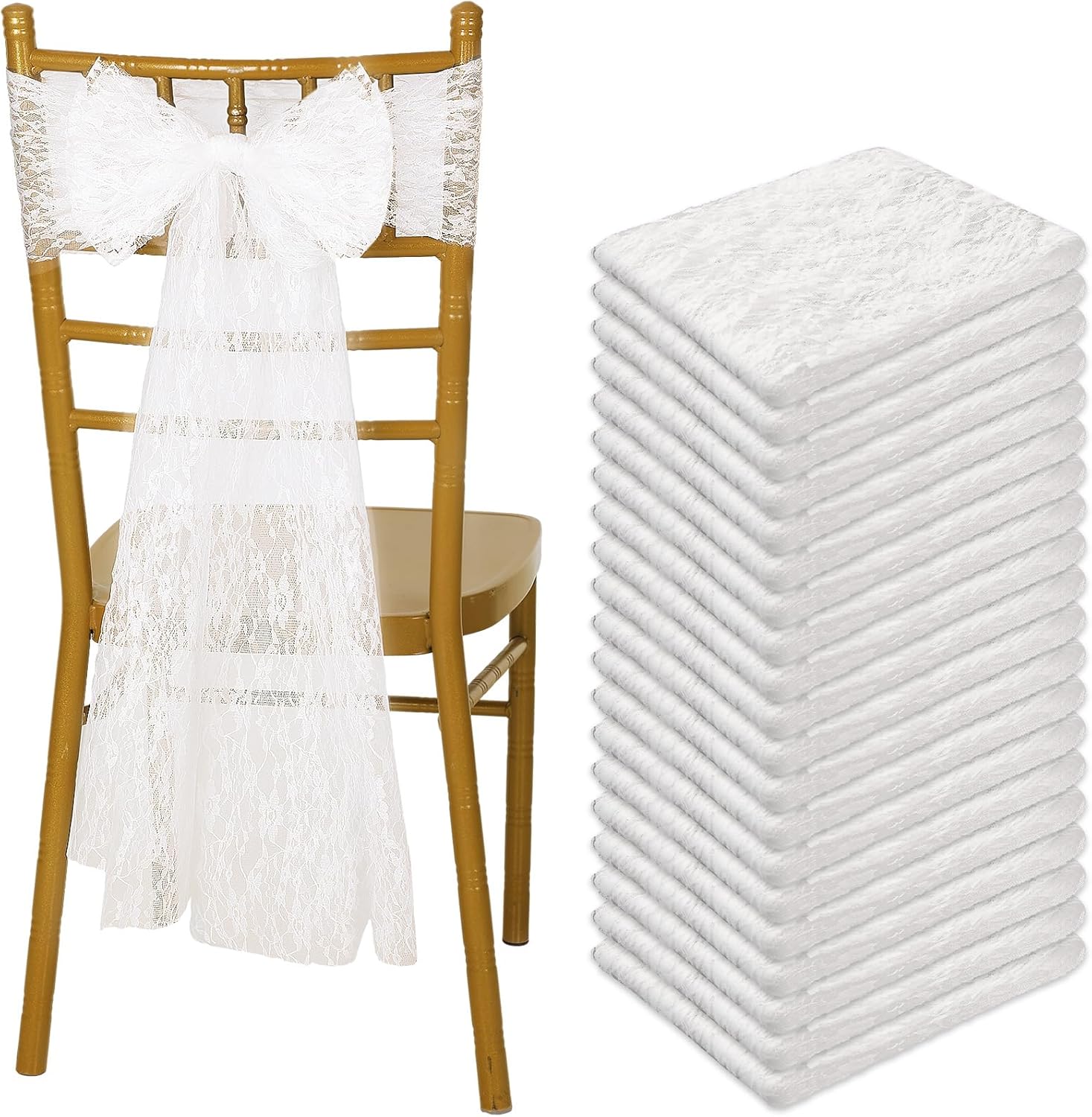 VitalCozy Vintage Chair Sashes - 50 Pcs Embroidered Boho Bows for Weddings & Events | 7 x 108 Inches, Lace White