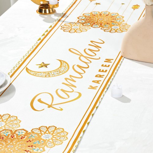 Eid Mubarak Table Runner Decorations,White and Gold Ramadan Mosque Lattern Happy Holiday Kitchen Dining Table Decor for Home Party Supplies 13 x 72 Inch