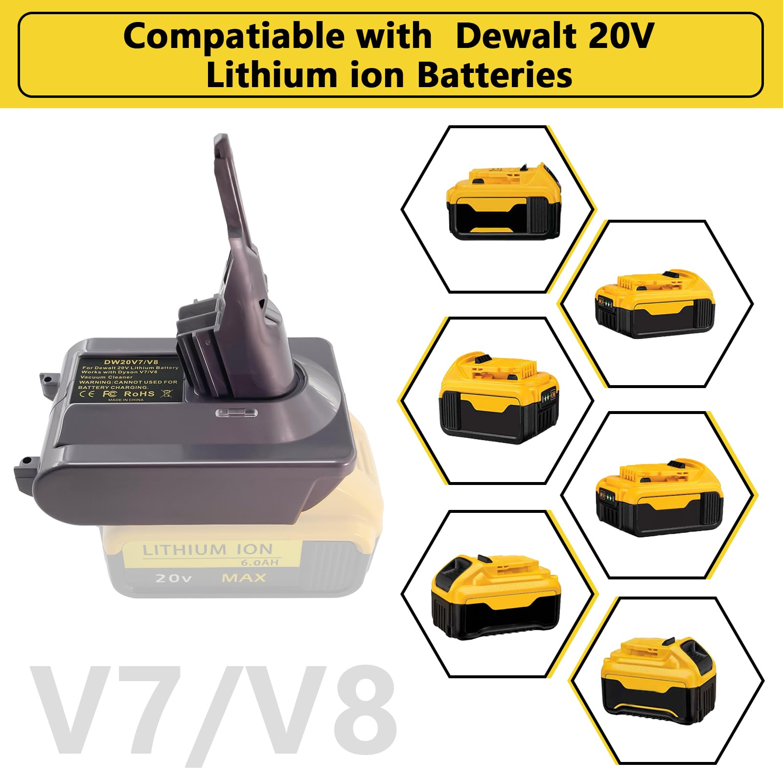 Upgrade for V7+V8 Battery Adapter, for DeWalt 20V Max Battery Convert for Dyson V7/V8 Series Vacuum Cleaner (V7 V8 Common)