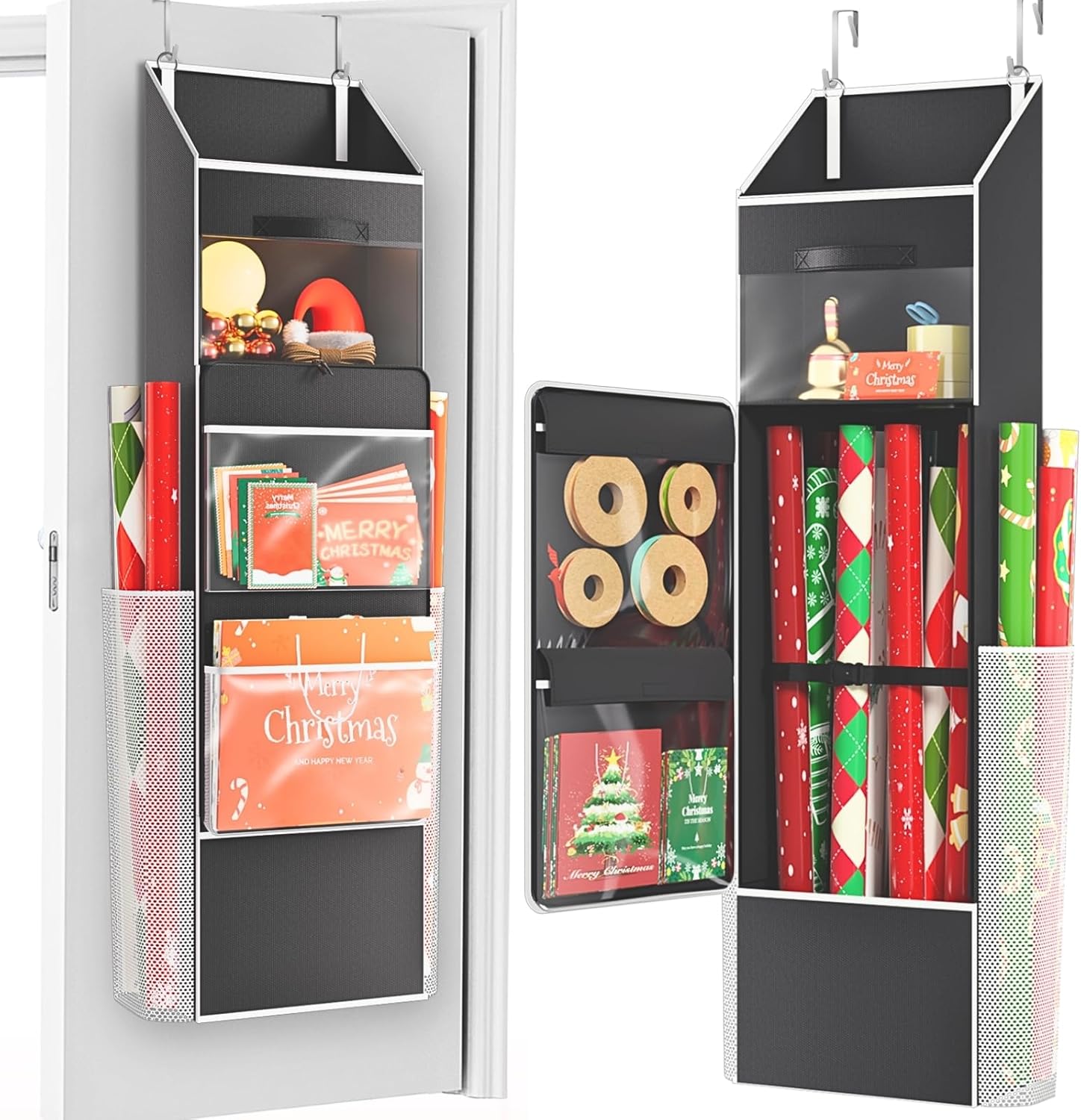 Ofiray Home 2-in-1 Wrapping Paper Organizer - Over Door or Under Bed Storage with Removable Drawer & 4 Clear Pockets for Ribbons and Bows