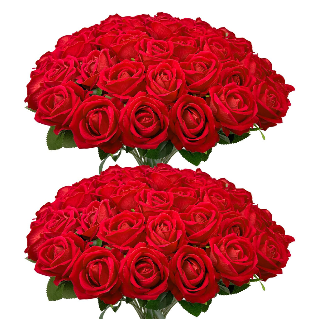 Wondrus Bulk Artificial Flowers 50 PCS, Fake Velvet Silk Red Roses with Long Stems Realistic Bouquet for Wedding Centerpieces, Faux Arrangement for Home Table Decor