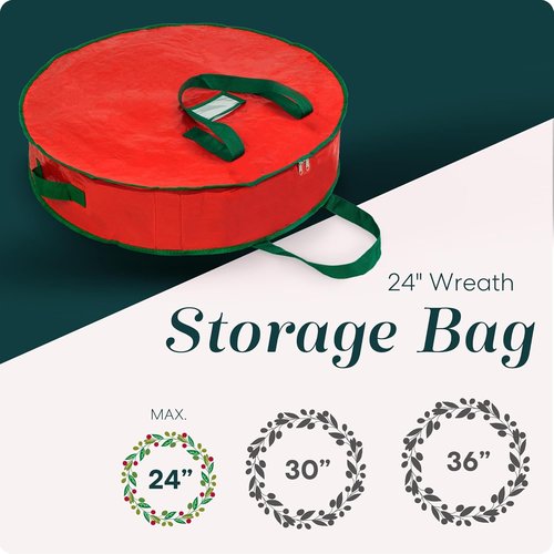 Handy Laundry Wreath Storage Bag - 24 Inch Durable Tarp Container with Zipper & Handles | Protects Holiday Decor, Red
