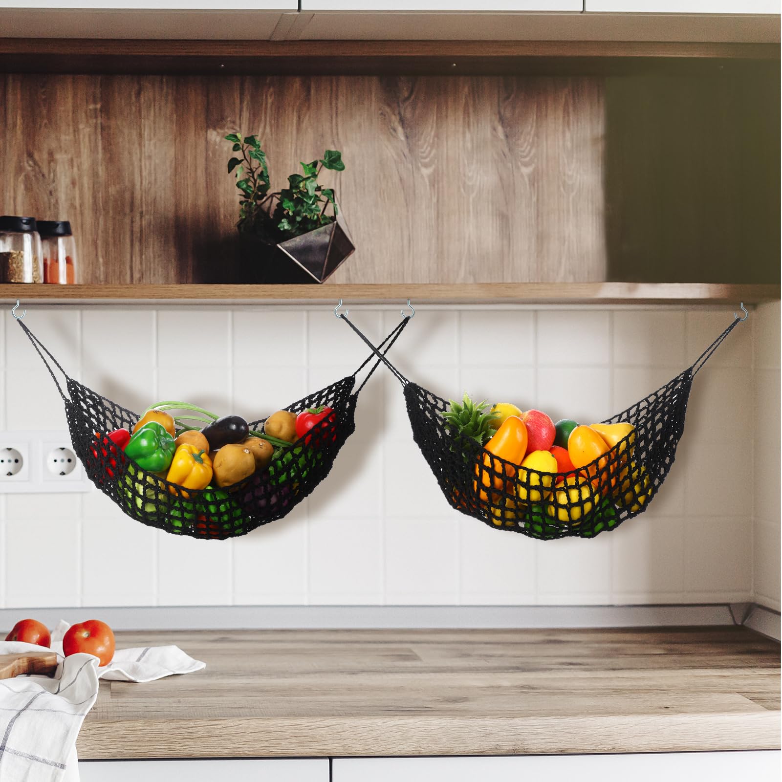 Xuhal 2 Pcs 11.8 x 20 Inch Large Macrame Fruit Hammock Under Cabinet Veggie Banana Hammock Hanging Fruit Basket Saves Counter Space for Kitchen Hand-woven Lace Hanging Basket (Black Style)