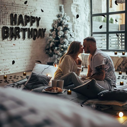 Charnoel Black Happy Birthday Balloons Decorations Happy Birthday Letter Balloons Banner Set with 24pcs Round Flameless LED Candles and 2000pcs Artificial Rose Petals for Women Men Room Party Decor