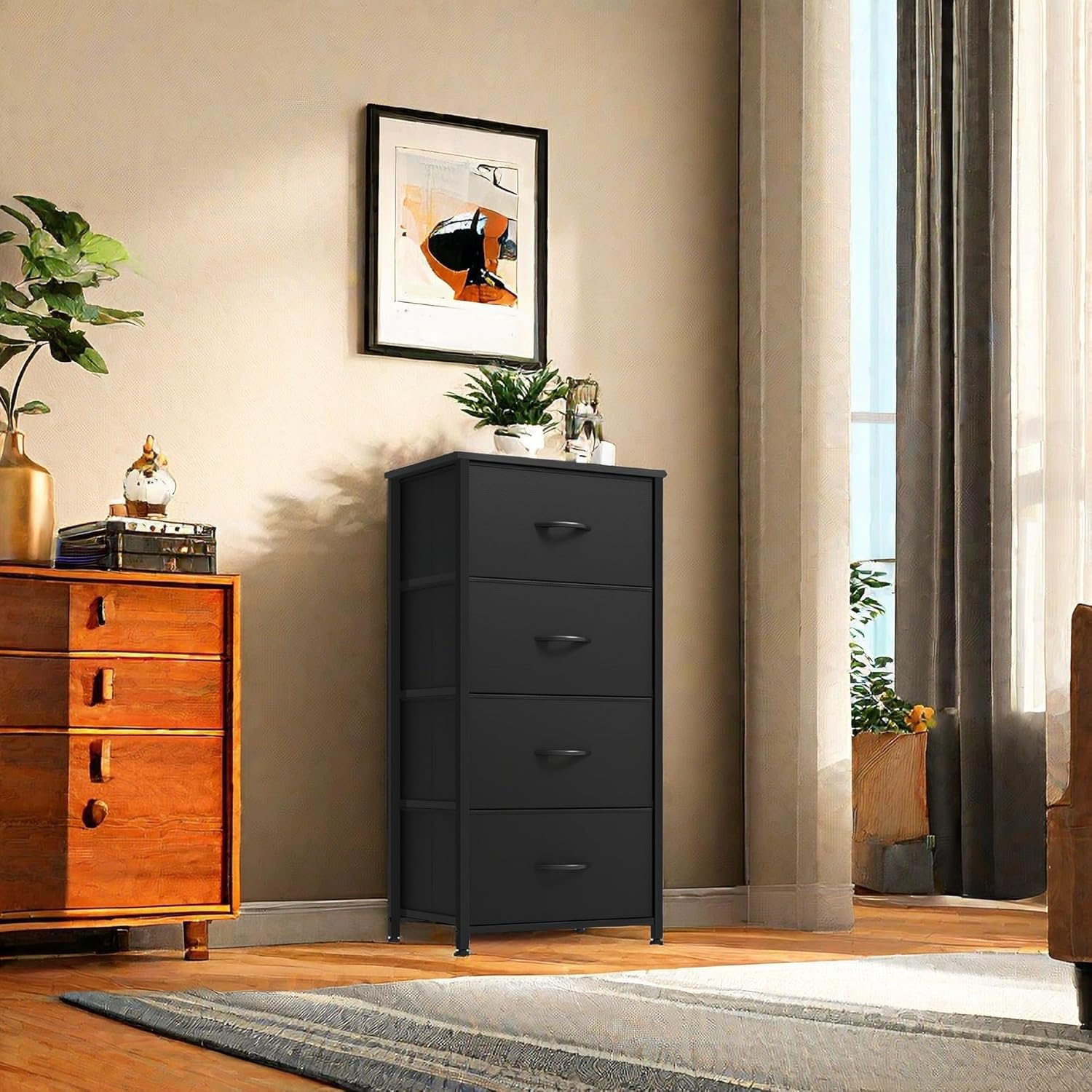 DWVO Storage Drawer with 4 Drawers - Pink Fabric Dressers, Dresser for Bedroom, Living Room, Closets - Sturdy Steel Frame, Wooden Top & Easy Pull Fabric Bins