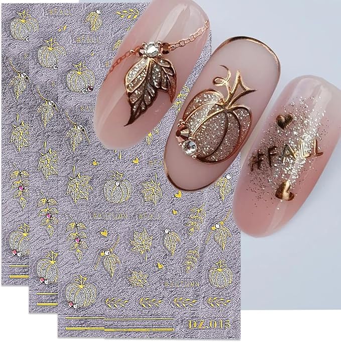 5D Fall Maple Leaf Nail Stickers Self-Adhesive Autumn Decals 3Pcs