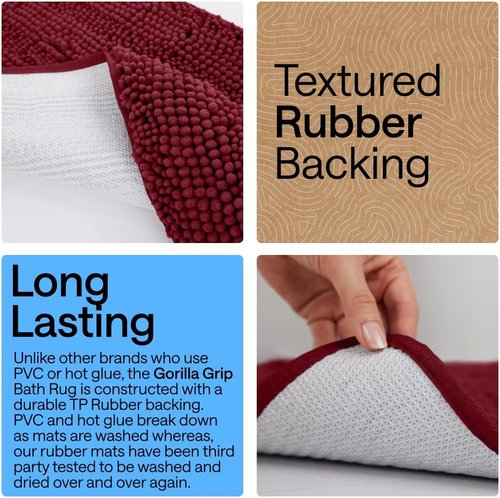 GORILLA GRIP Bath Rug Mat - Plush Absorbent Shaggy Chenille for Oval Toilet Base | Machine Washable, Burgundy