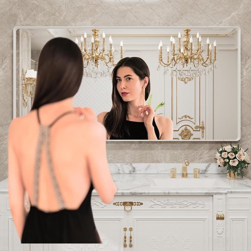 LOAAO Bathroom Mirror - 72x32 Inch White Metal Framed Large Rounded Rectangle | Anti-Rust Tempered Glass, Versatile Hanging Options
