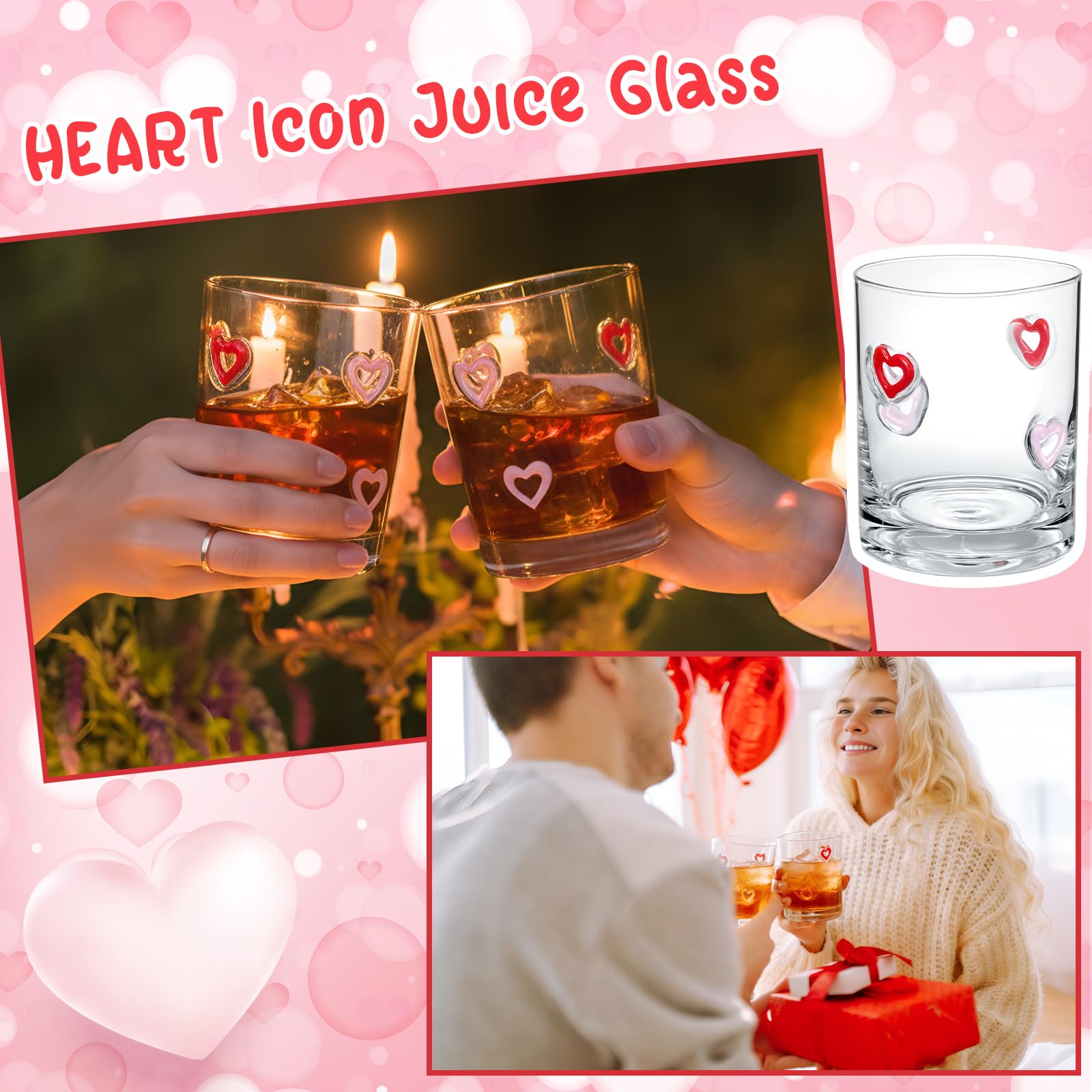 Skylety 2 Pcs Heart Icons Juice Glasses Love Drinking Cups 13.5 oz Old Fashioned Whiskey Cocktail Coffee Mugs for Mother's Day Party Gift Decor