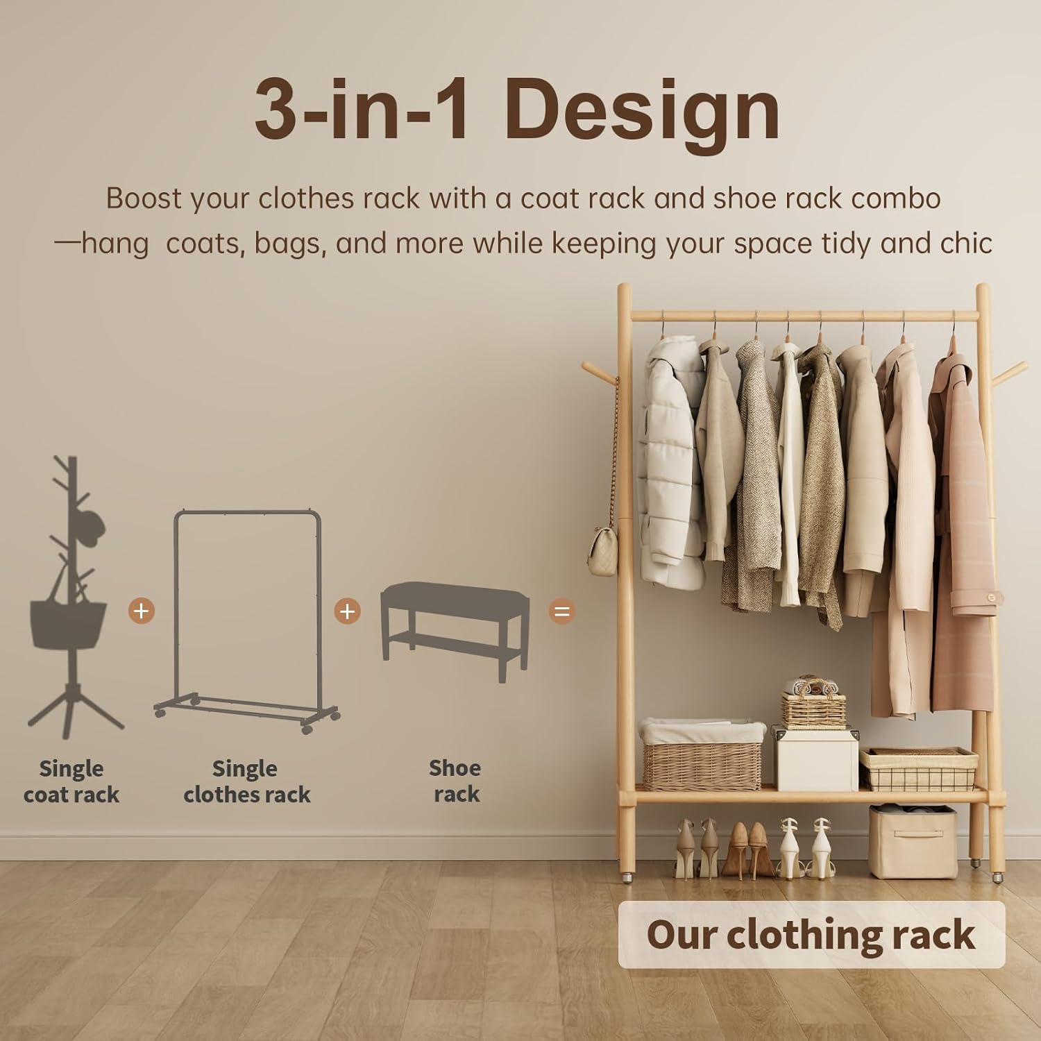 Muwuele Solid Wood Clothing Rack - Portable Rolling Garment Rack with Shelves | 350 Lbs Capacity, Natural Finish