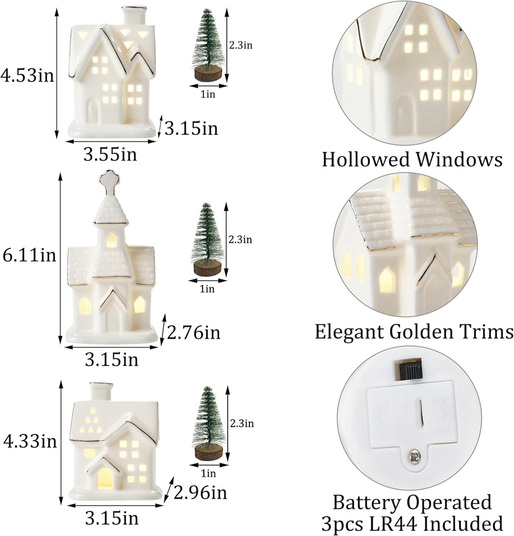 White Christmas Village Houses - 3Pcs Glazed Ceramic Houses with Trees | Light Up Xmas Decor Set