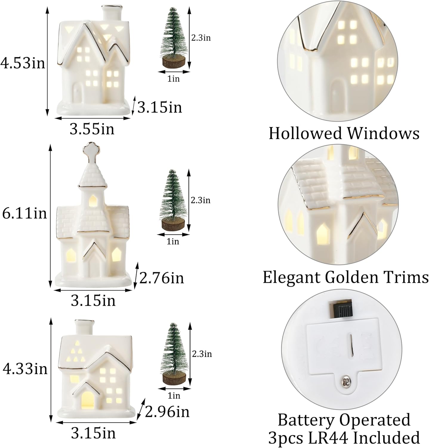 White Christmas Village Houses - 3Pcs Glazed Ceramic Houses with Trees | Light Up Xmas Decor Set