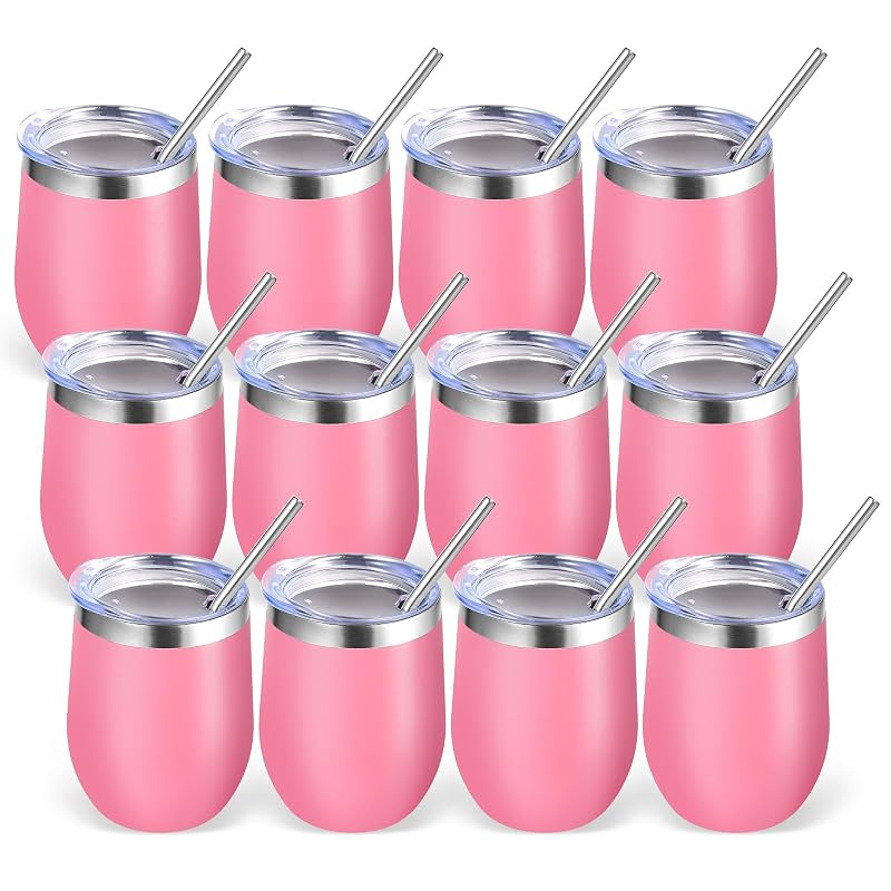 12oz Stainless Steel Wine Tumbler with Lid – 12 Pack Pink, Double Wall Insulated, Reusable Travel Mug
