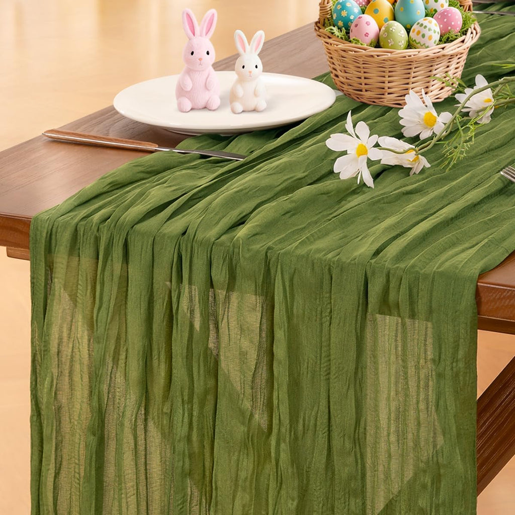 Socomi Cheesecloth Table Runner - Boho Rustic Green 120-Inch for Weddings, Parties & Home Decor