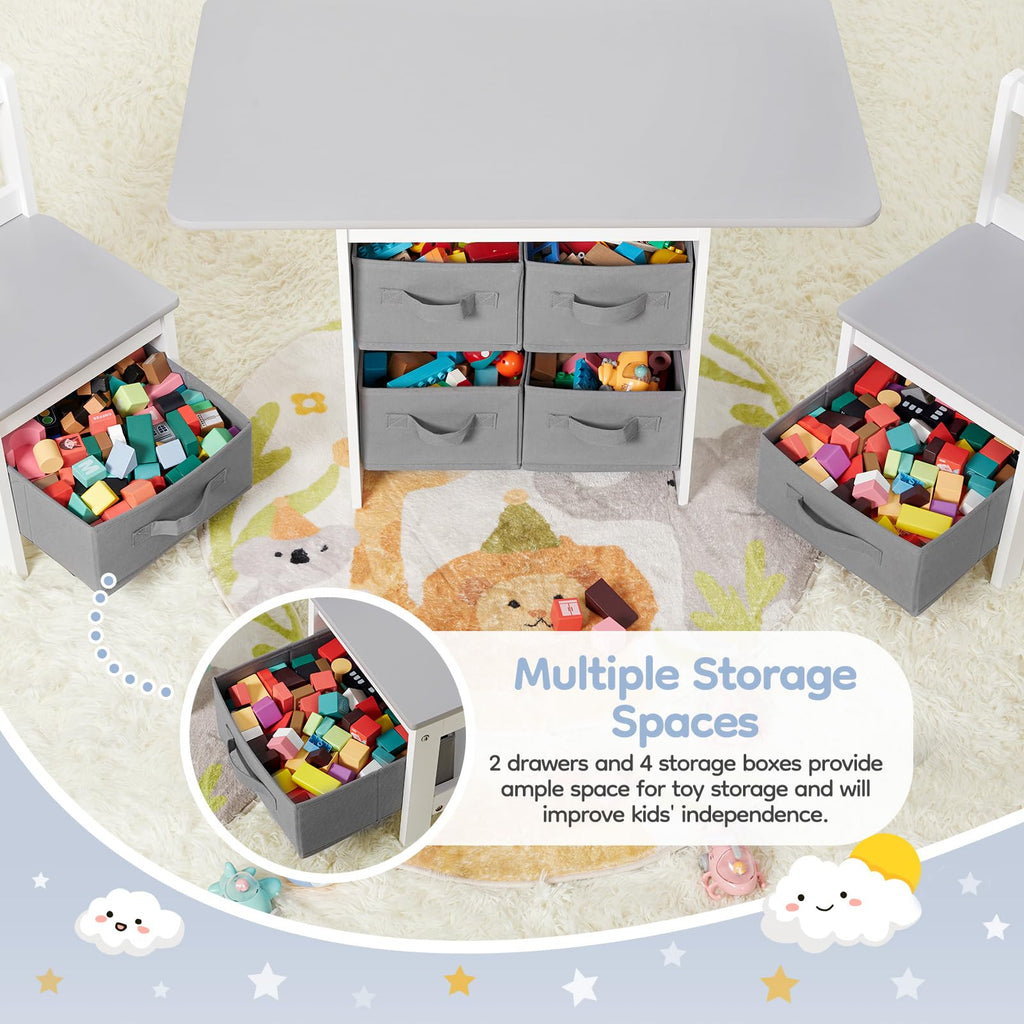 Vilaxing Kids Table and Chair Set (2 Chairs Included), Wooden Toddler Desk Group with 6 Storage Bins Boxes, Children's Furniture, Water Resistant (Gray)