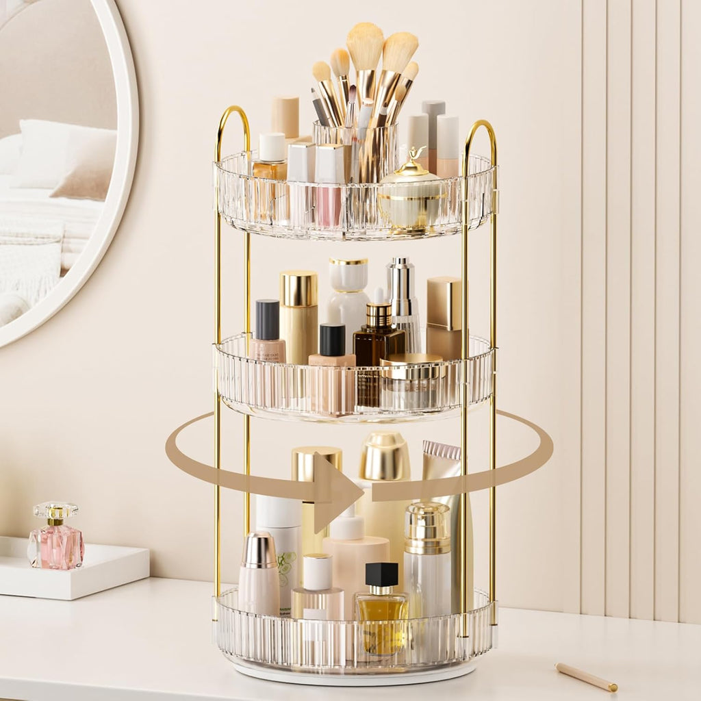 Skiennix 360° Rotating Makeup Organizer - Upgraded 3-Tier Skincare & Perfume Storage | Clear Cosmetic Dresser with Brush Holder