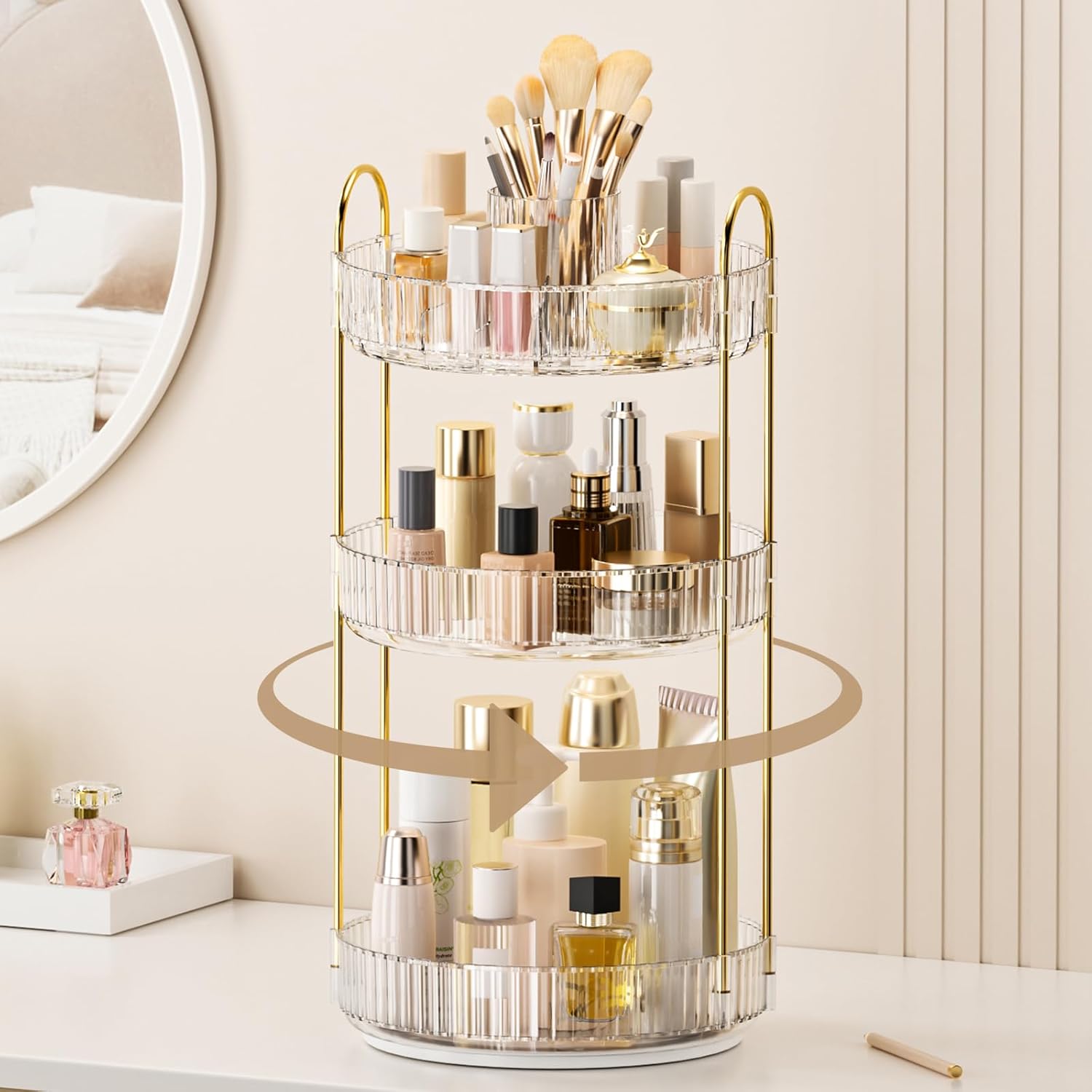 Skiennix 360° Rotating Makeup Organizer - Upgraded 3-Tier Skincare & Perfume Storage | Clear Cosmetic Dresser with Brush Holder
