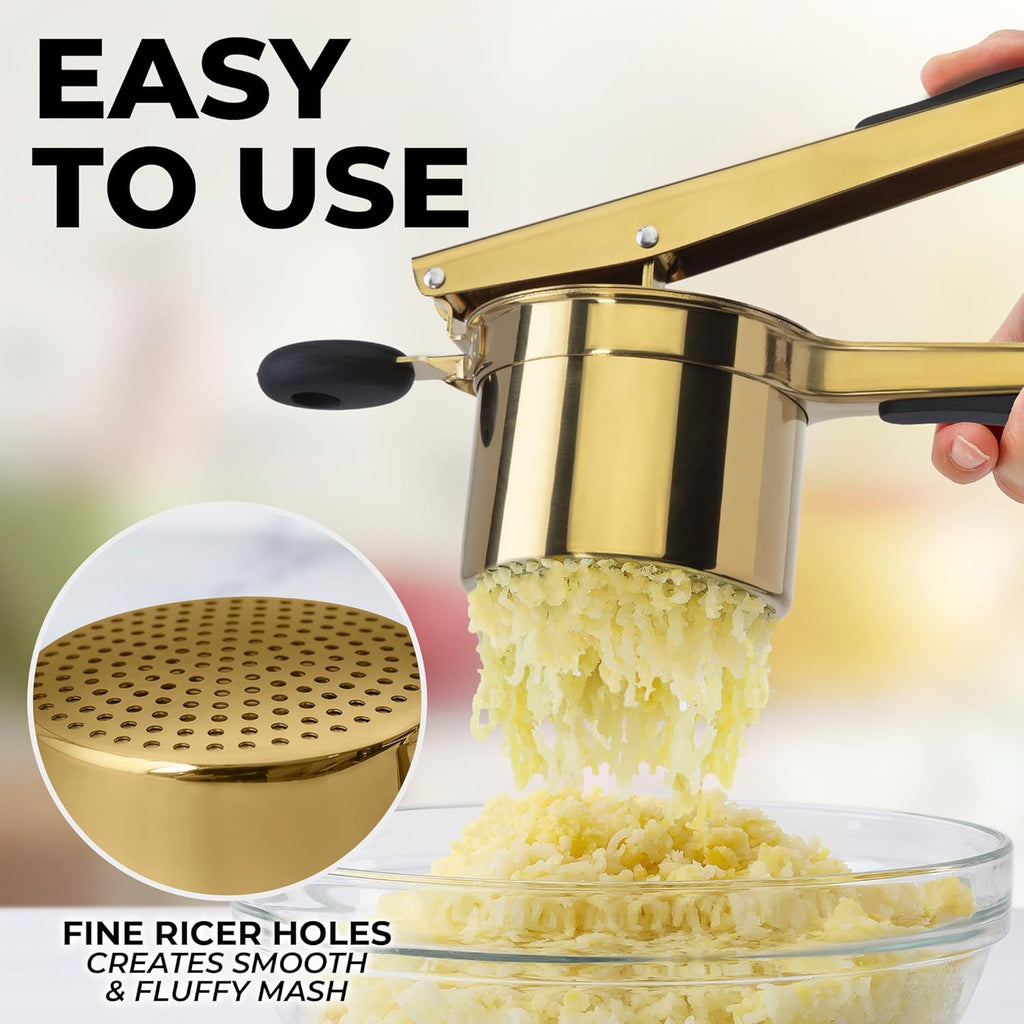 Zulay Kitchen 15oz Potato Ricer - Heavy Duty Stainless Steel Masher for Perfect Mashed Potatoes | Gold/Black