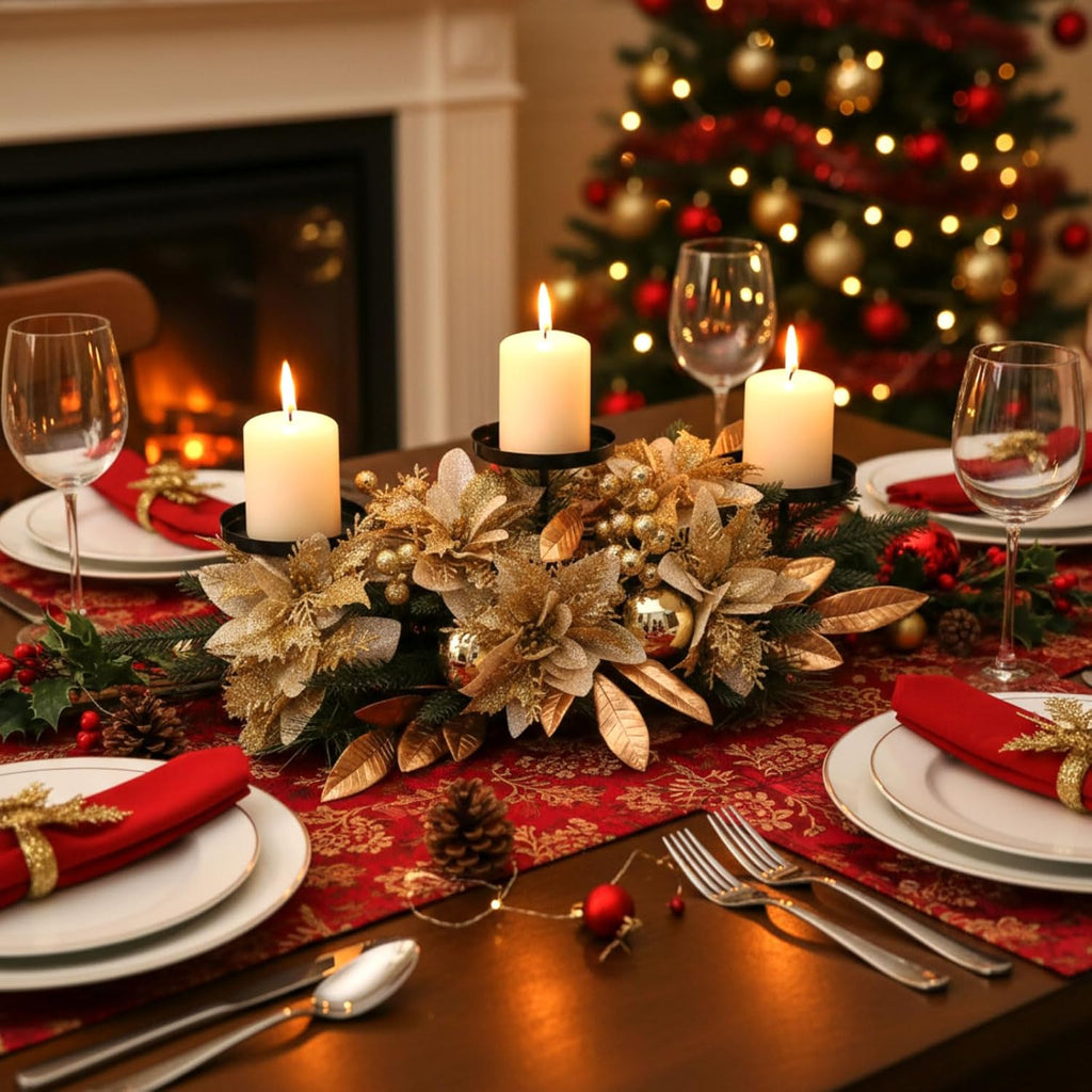 Regine Switzerland Christmas Table Centerpiece - 3 Candle Holders with Gold Poinsettia & Pinecones | Festive Ornaments for Holiday Decor