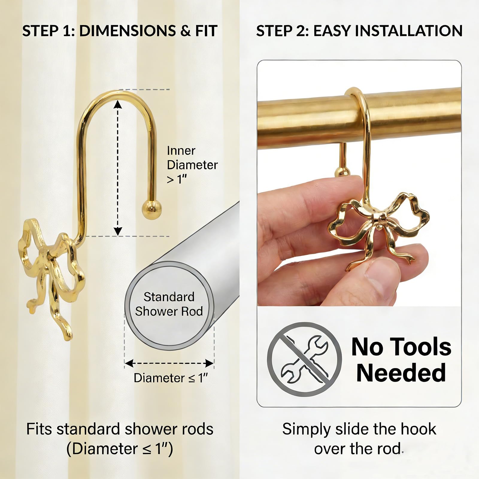 Udihch Bow Shower Curtain Hooks,12-Pack, Elegant Shower Curtain Hangers Suitable for Bathrooms, Bedrooms, Living Rooms and Children's Rooms,Easy to Slide, Fits Standard Rods. (Gold)