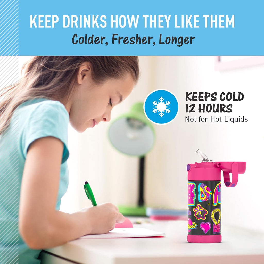 THERMOS FUNTAINER 12 Ounce Stainless Steel Kids Straw Bottle - Vacuum Insulated & Durable