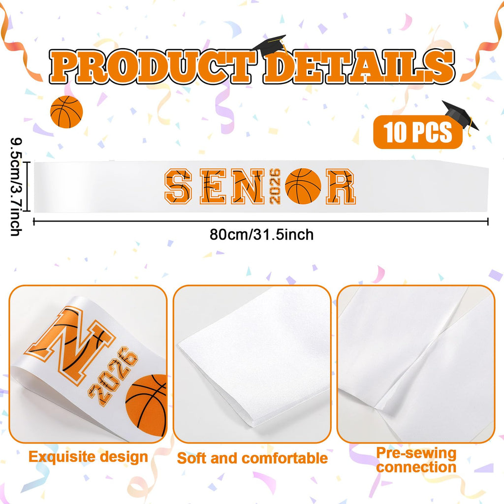 10Pcs White Senior 2026 Satin Sashes Basketball Class of 2026 Celebrations Sash Senior Cheer Sashes with Sport Letters for Basketball Competition Party Cheerleader Celebration Graduation Supplies