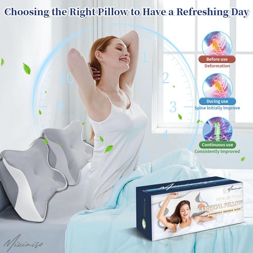 Mixiniso Cervical Neck Pillow, Side Sleeper Pillow for Adults, Neck Pillow for Neck and Shoulder, Orthopedic Contour Memory Foam Pillows for Side Back & Stomach Sleepers with Cooling Pillowcase