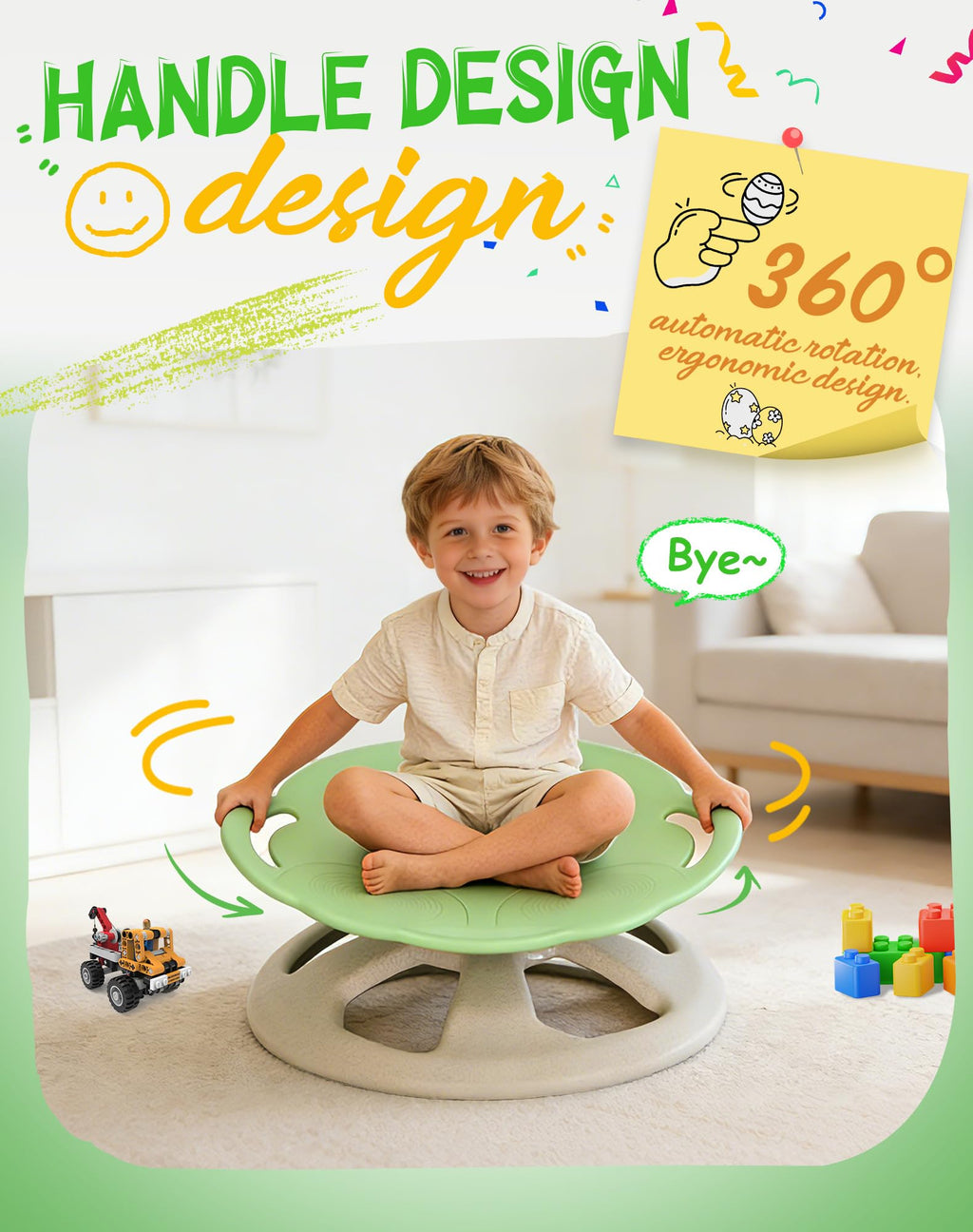 FERUERW Spinning Chair for Autistic Kids with Handle, Sensory Swivel Chair, 220LBS Weight Capacity, Sensory Toy for Children with ADHD/Autism, Training Body Coordination, 3+ Years (Light Green)