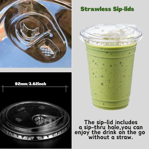 Clear Plastic Cups - 16 oz Disposable Iced Coffee Cups with Strawless Sip Lids | Perfect for Smoothies & Juices