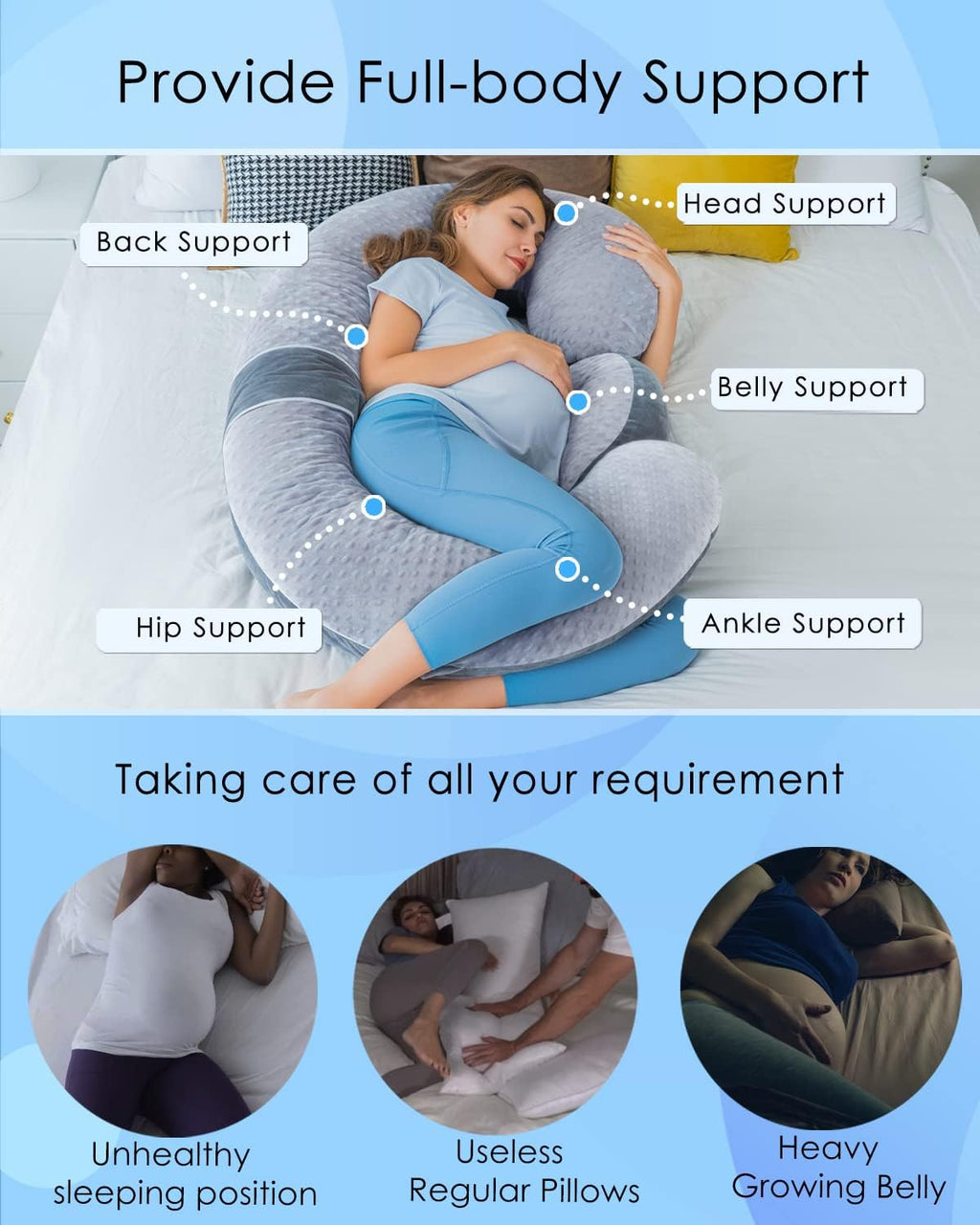 Queen Rose Pregnancy Pillow - E-Shaped Maternity Support with Detachable Wedge | 60-Inch Dual-Sided Velvet Cover in Grey
