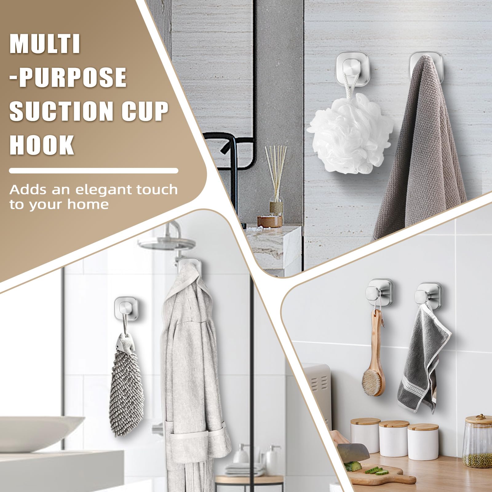 Fenas No-Drill Reusable Suction Cup Hooks, 2-Pack Brushed Nickel – Towel, Robe, Loofah, Coat Hook for Glass, Mirror, Tile, Shower, Bathroom, Kitchen & Metal (Smooth, Non-Porous Surfaces)