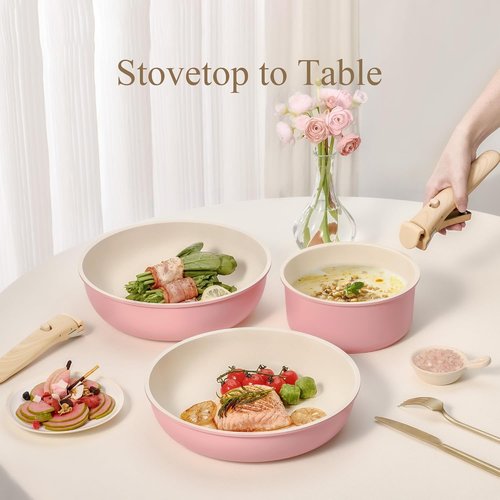CAROTE Nonstick Cookware Set - 19-Piece Induction Pots and Pans with Detachable Handle | Oven Safe, Pink