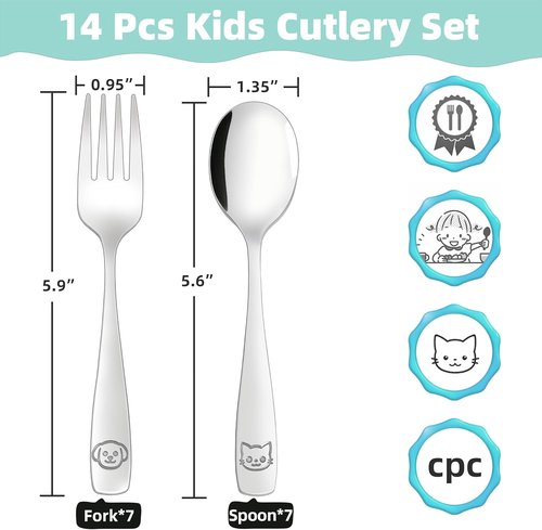 LOCONHA Stainless Steel Toddler Utensils Set - 14 Pcs Safe, Mirror Polished Silverware for Kids
