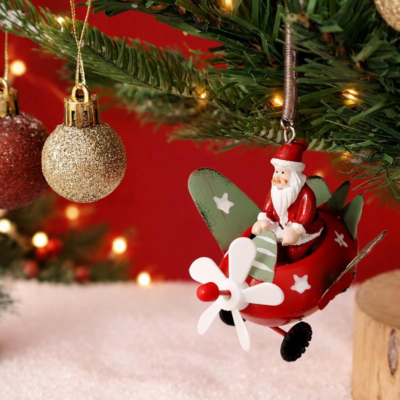 Santa in Airplane Christmas Ornament - Red Resin with Spring Hanger