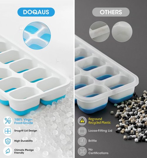 DOQAUS Ice Cube Tray - 4 Pack Silicone Trays with Lid & Bin for Easy Freezer Storage | Perfect for Cocktails & Coffee