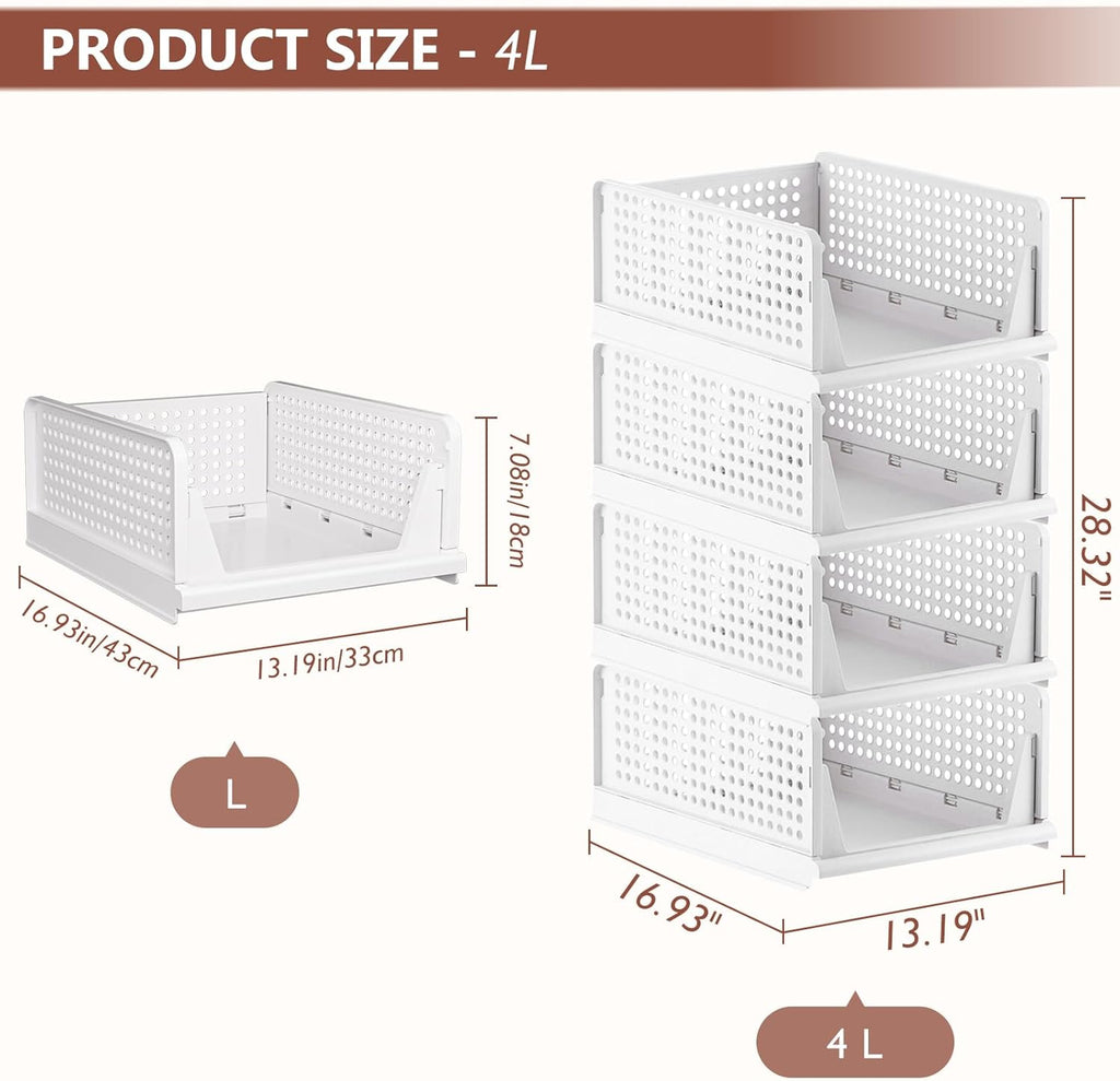 Skiennix Folding Closet Organizers - Stackable Storage Bins for Home & Office | White - 4L (4 Pack)