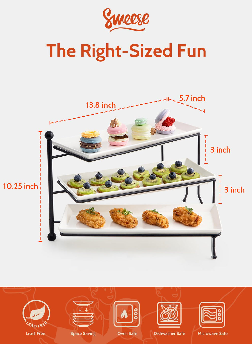 Sweese 3 Tiered Serving Stand, Foldable Rectangular Food Display Stand with White Porcelain Platters - Serving Trays, Dessert Display Server for Brithday Party, Valentine's Day and Events