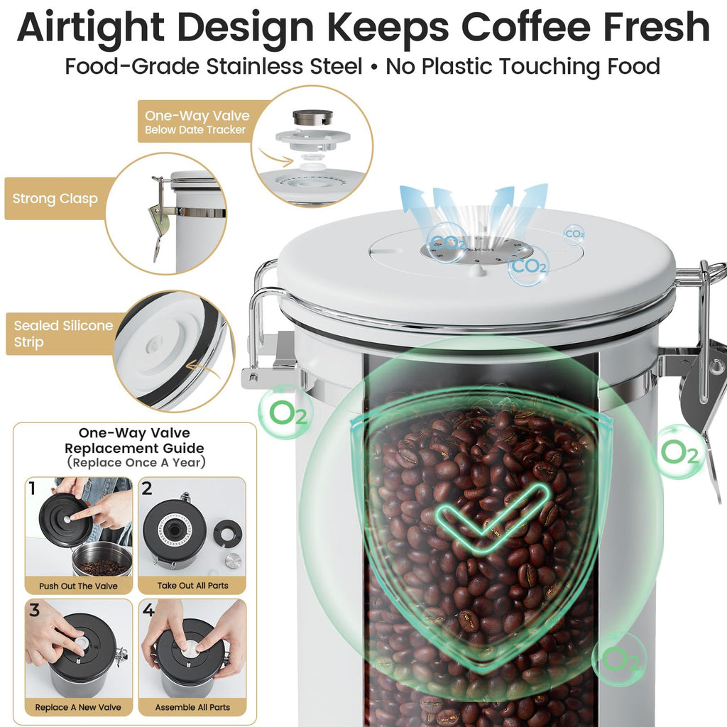Veken Coffee Canister with Window, Airtight Stainless Steel Kitchen Food Storage Container with Lids, Date Tracker and Scoop for Grounds Coffee, Beans, Tea, Flour, Cereal, Sugar Jars, 22OZ, White