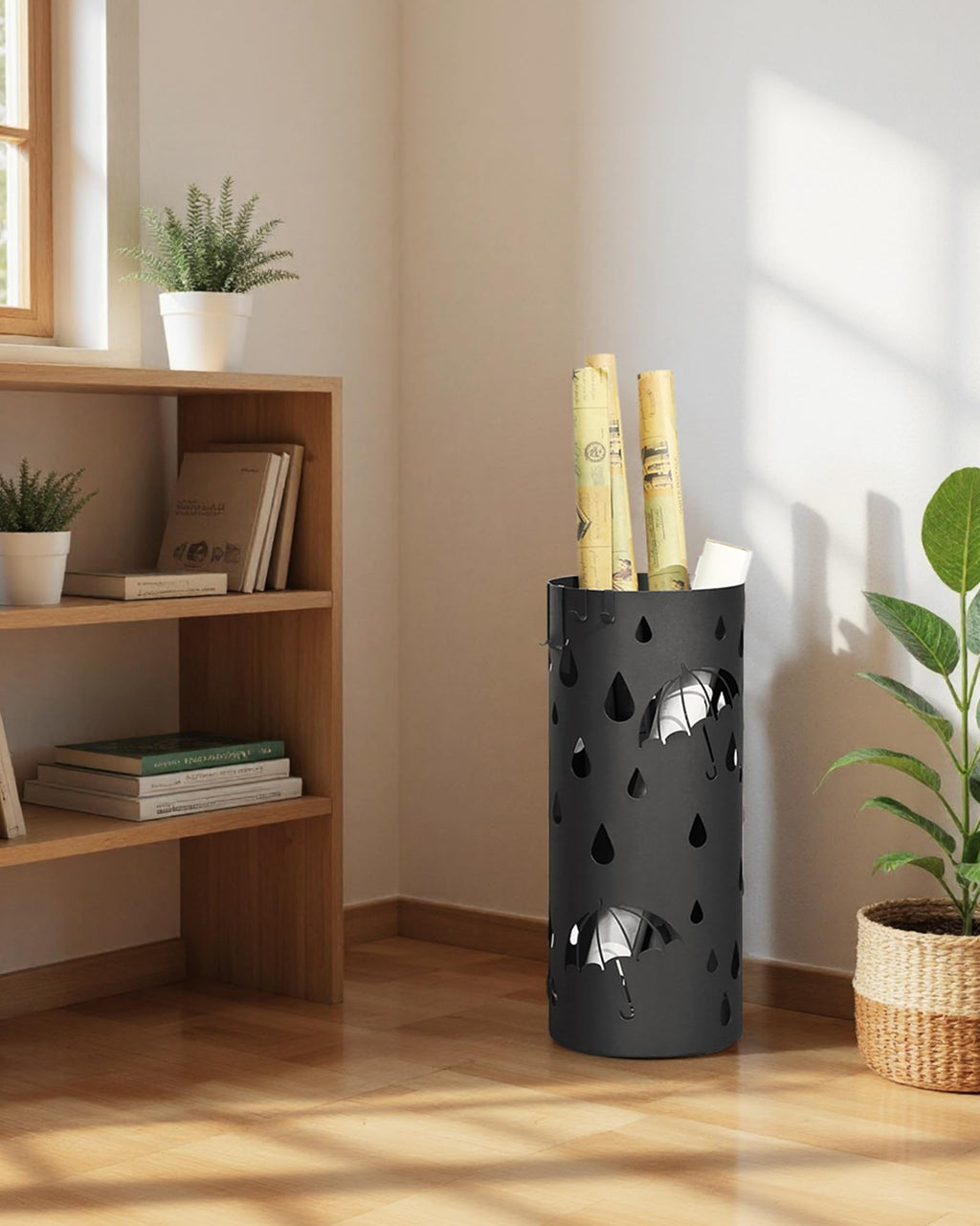 SONGMICS Umbrella Stand, Metal Umbrella Holder for Entryway, with Water Tray and 4 Hooks, 7.7 x 7.7 x 19.3 Inches, Round, Ink Black ULUC23B