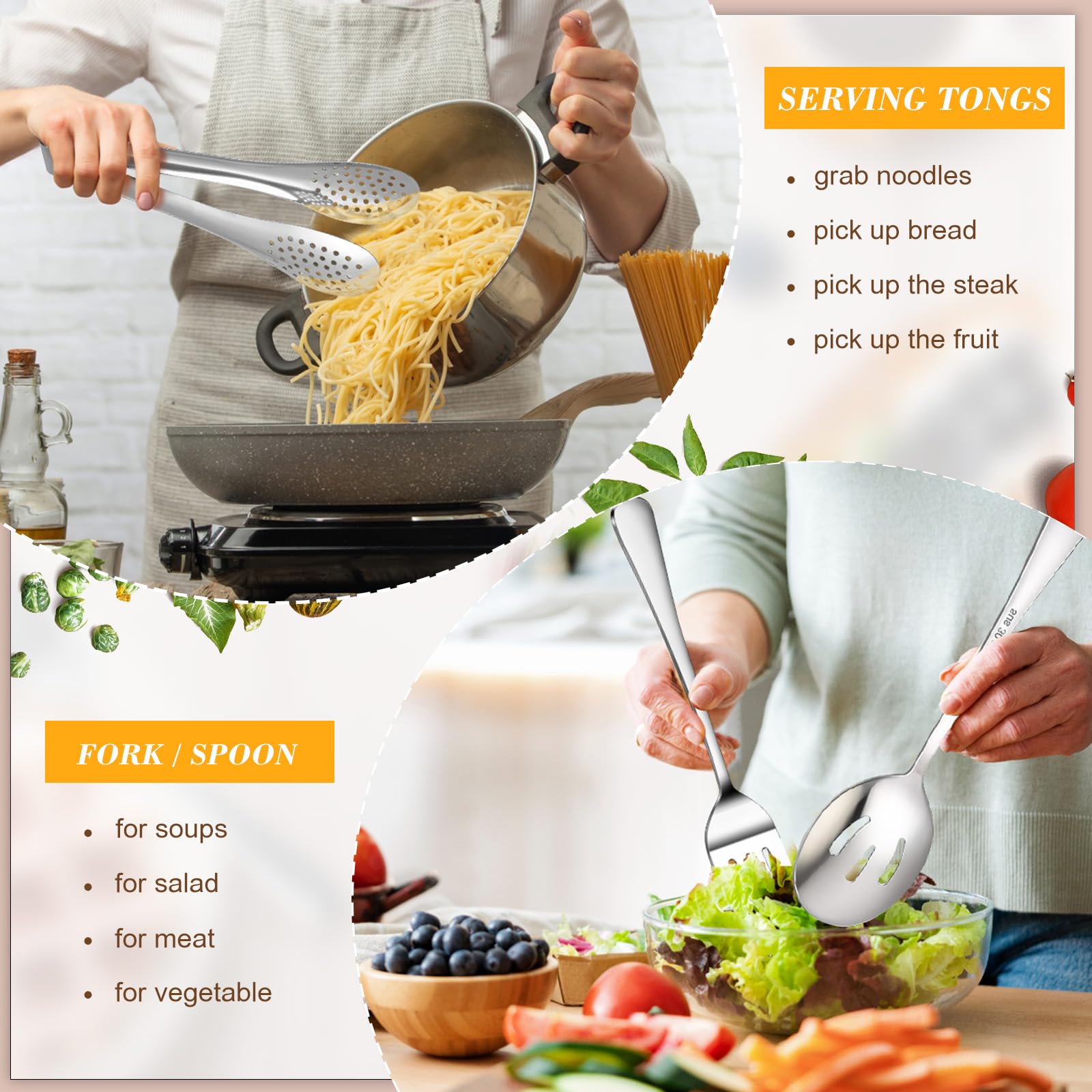 Dualshine 10PCS 18/8 Stainless Steel Serving Utensils Set for Parties, Kitchen Serving Tools-Include Serving Spoons, Slotted Spoons, Serving Forks Tongs Soup Ladle, Cake Pie Server for Buffet, Wedding