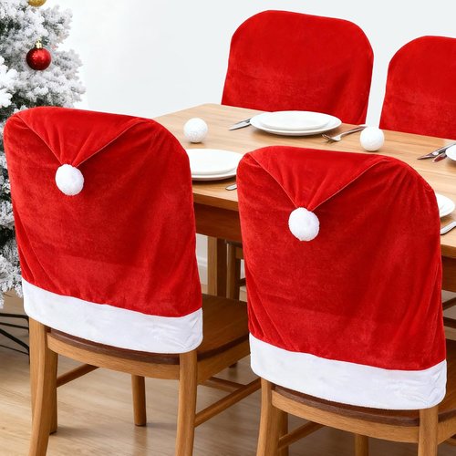 Hongsome Christmas Chair Back Covers - Set of 4 Cute Santa Hat Decorations for Holiday Dining