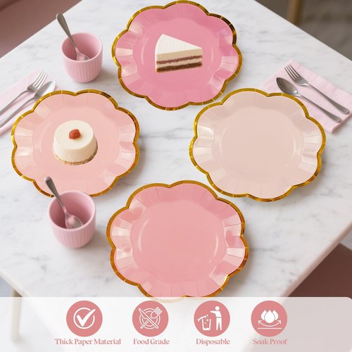 48Pcs Light Pink Scalloped Party Plates - 7inch Gold Foil Gradient Pink Dessert Paper Plate Disposable Cake Plates for Birthday Bridal Baby Shower Wedding Party Decorative Supplies