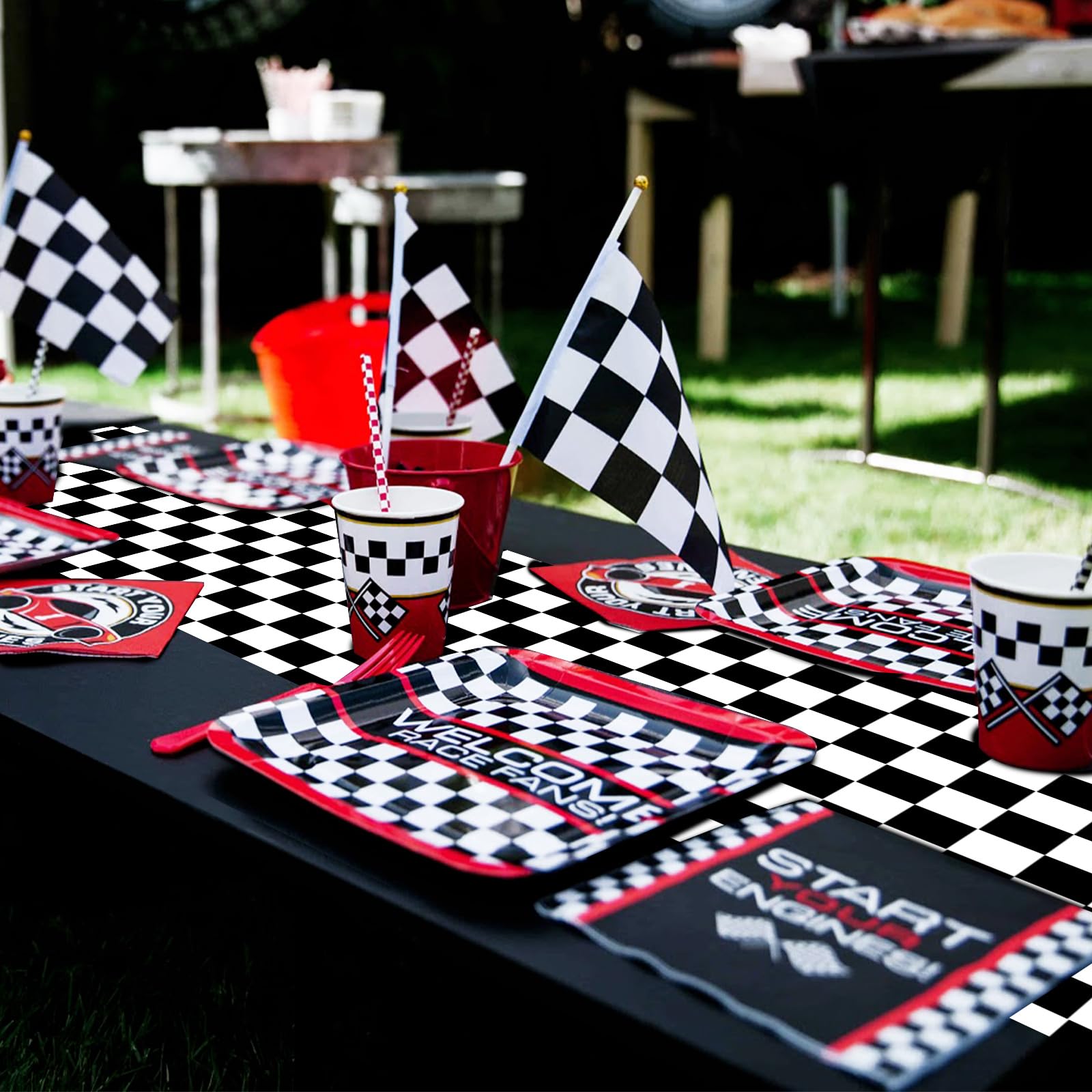 Plastic Checkered Table Runner, 14" x 108" Black & White Checkered Table Cloths, 6 Pcs Racetrack Road Table Runner for Birthday Racing Theme Party