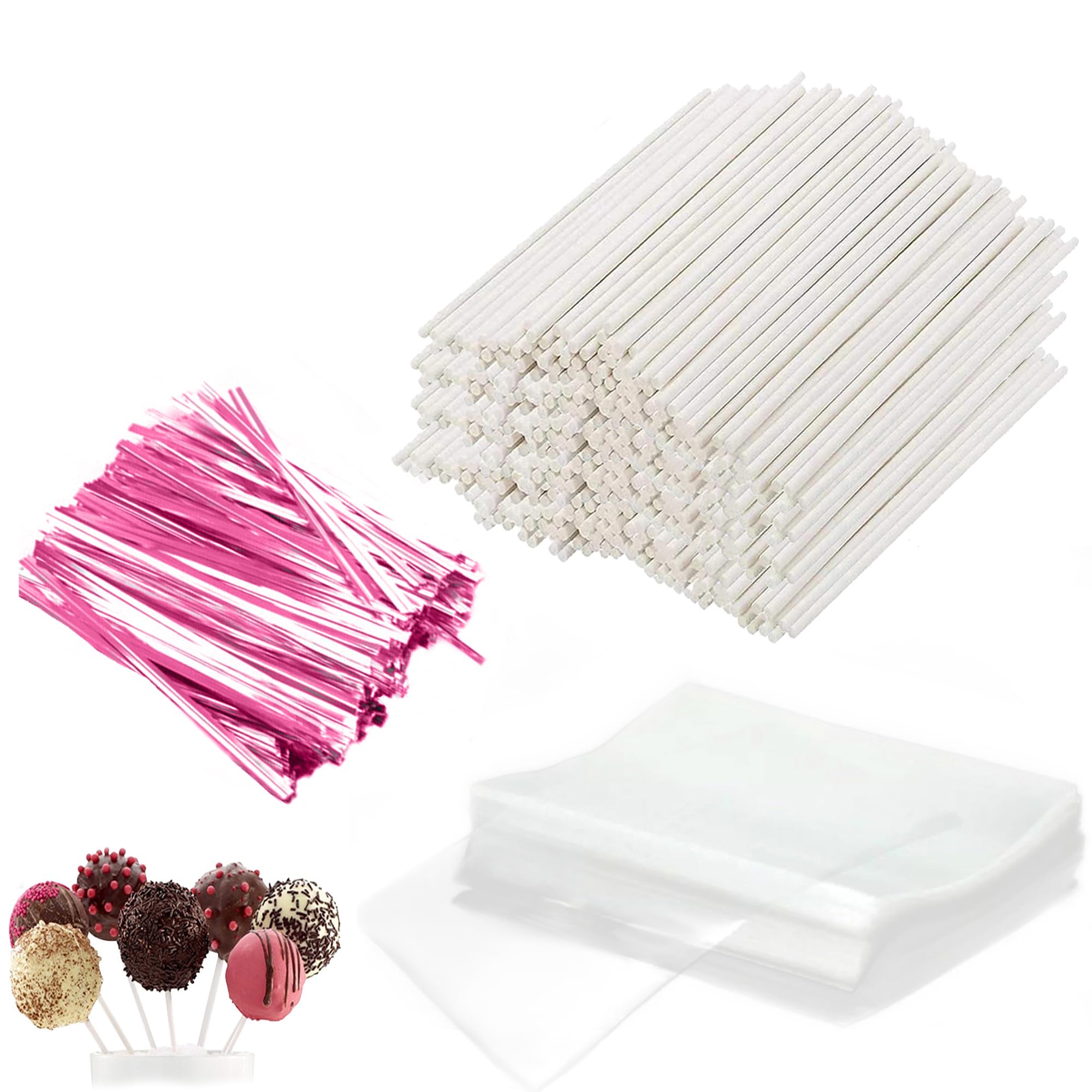 Basquei Cake Pop Sticks 6 Inches, Cake Pop Bags (3.9"X4.7"), Pink Metallic Twist Ties, 600 Pcs Cake Pop Kit Used for, Lollipops Cake, Candies, Chocolates Making Tools