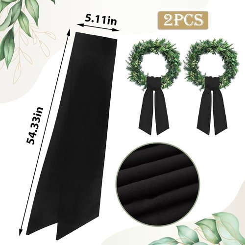 2pcs Black Cotton Wreath Sash for Front Door Solid Polyester Wreaths Satin Sash Burlap Garland Ribbon Accessories for Wreath Yard Doorway Indoor Outdoor Bow Bridal Shower Home Decor,5.1 x 54.3