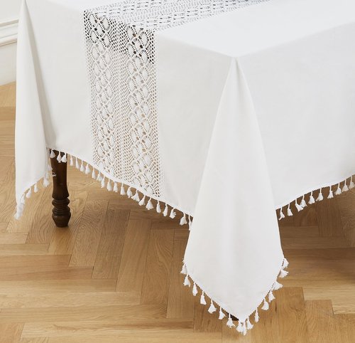 LinenZone 70 x 104 Inch White Rectangle Tablecloth with Flower Crochet Middle and Tassels for 8 to 10 People. Macrame Tablecloth for Bohemian Kitchen or Boho Dining Table (Zara 70 x 104, White)