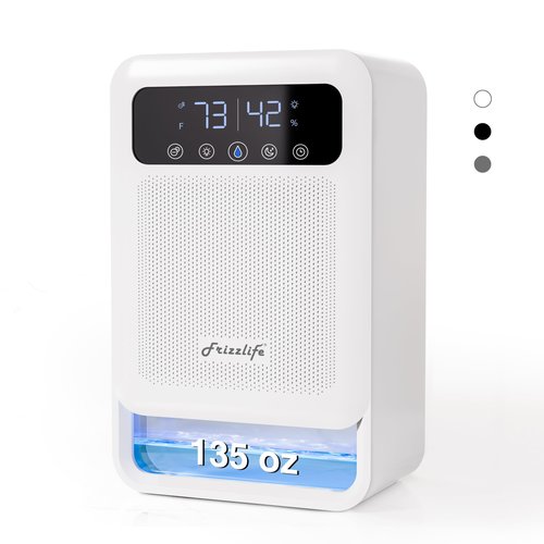 Frizzlife DH80 Air Dehumidifier, 135oz Water Tank W/Purifying Function, Quiet Small Dehumidifiers With Sleep Mode For Home, Bedroom, Bathroom, Basement W/Auto Shut Off, 7 Colors LED Light, White